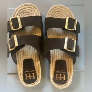 Haute Hippie Chocolate Brown Suede-Like Double Buckle Espadrille Slides